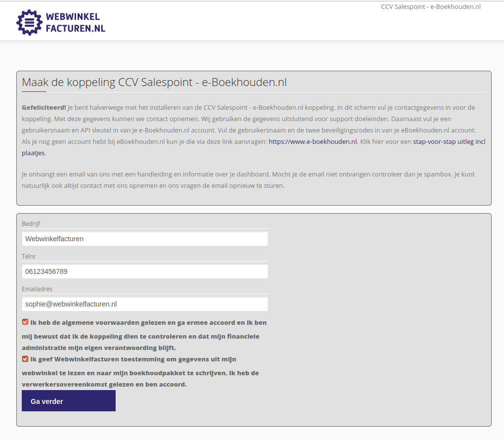 Eerste installatiescherm koppeling CCVSalespoint en e-Boekhouden.nl
