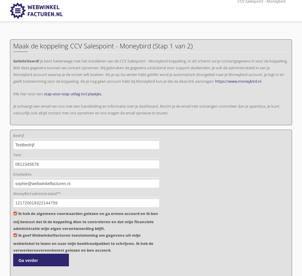 Eerste installatiescherm koppeling CCVSalespoint en e-Boekhouden.nl